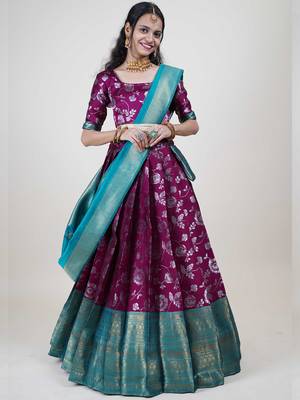 Deep Purple and Green Half Saree with Dupatta 1