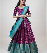 Deep Purple and Green Half Saree with Dupatta