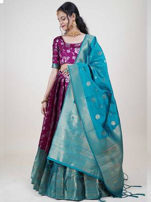 Deep Purple and Green Half Saree with Dupatta 3