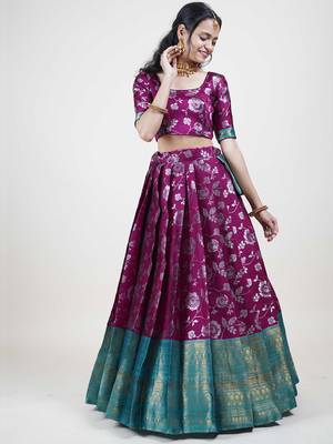 Deep Purple and Green Half Saree with Dupatta 4