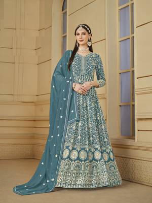 TEAL GEORGETTE EMBROIDERED ANARKALI SALWAR KAMEEZ 1