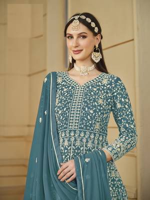 TEAL GEORGETTE EMBROIDERED ANARKALI SALWAR KAMEEZ 3