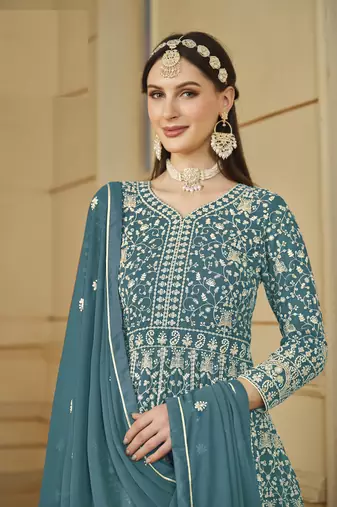 TEAL GEORGETTE EMBROIDERED ANARKALI SALWAR KAMEEZ