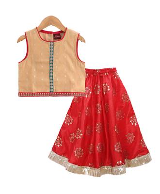 Twisha girls self designed top embellished with lace paired with printed ghagra -beige & red 1