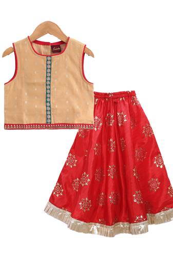 Twisha girls self designed top embellished with lace paired with printed ghagra -beige & red