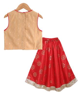 Twisha girls self designed top embellished with lace paired with printed ghagra -beige & red 2