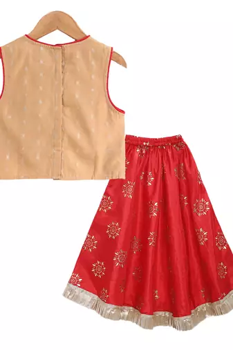 Twisha girls self designed top embellished with lace paired with printed ghagra -beige & red