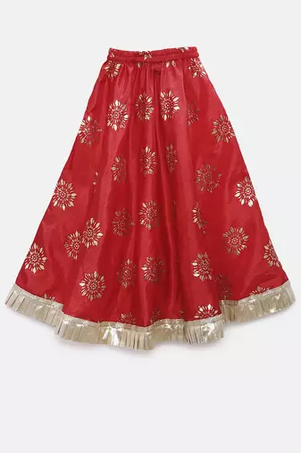 Twisha girls self designed top embellished with lace paired with printed ghagra -beige & red