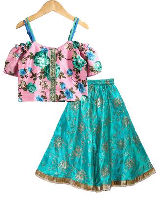 Twisha girls printed top embellished with lace paired with printed ghagra -pink & teal 1