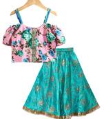 Twisha girls printed top embellished with lace paired with printed ghagra -pink & teal