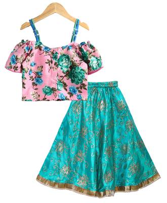 Twisha girls printed top embellished with lace paired with printed ghagra -pink & teal 2