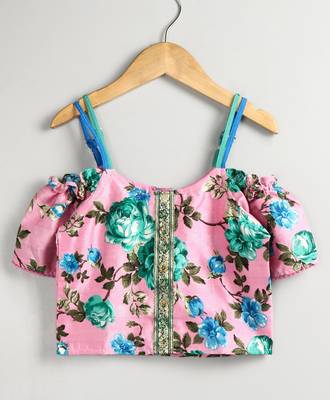 Twisha girls printed top embellished with lace paired with printed ghagra -pink & teal 3