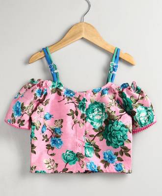 Twisha girls printed top embellished with lace paired with printed ghagra -pink & teal 4