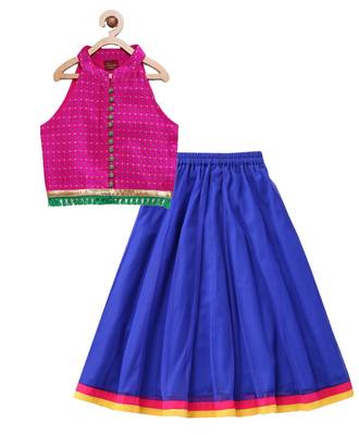 Twisha girls incut style top embellished with lace & potali buttons paired with net ghagra -pink & blue 1