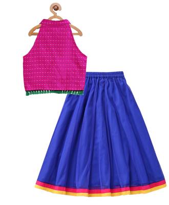 Twisha girls incut style top embellished with lace & potali buttons paired with net ghagra -pink & blue 2