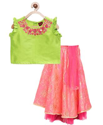 Twisha girls embroidered top & printed ghagra -green & coral 1