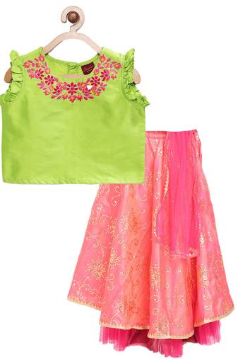 Twisha girls embroidered top & printed ghagra -green & coral