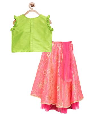 Twisha girls embroidered top & printed ghagra -green & coral 2