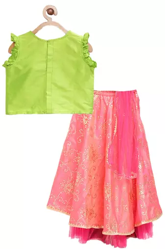 Twisha girls embroidered top & printed ghagra -green & coral