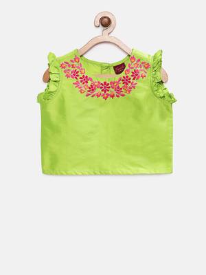 Twisha girls embroidered top & printed ghagra -green & coral 3