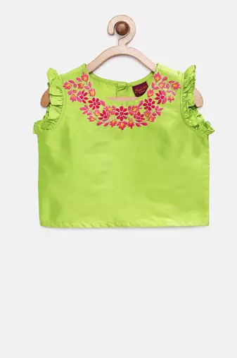 Twisha girls embroidered top & printed ghagra -green & coral