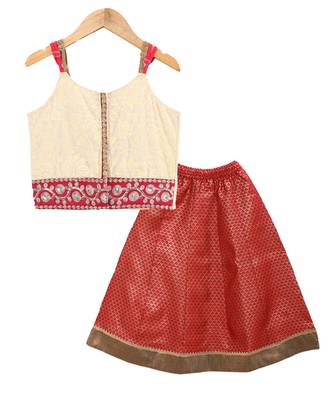 Twisha girls printed top embellished with lace paired with brocade ghagra -off white & red 1