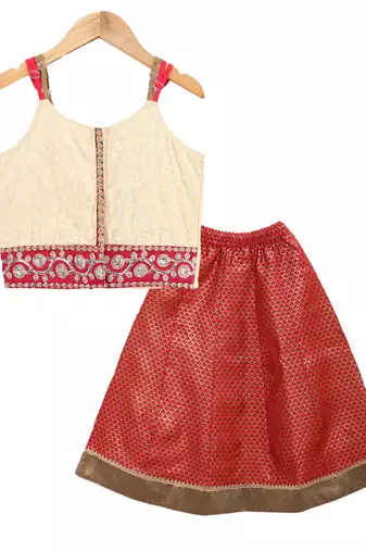 Twisha girls printed top embellished with lace paired with brocade ghagra -off white & red