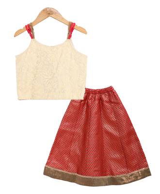 Twisha girls printed top embellished with lace paired with brocade ghagra -off white & red 2