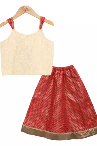 Twisha girls printed top embellished with lace paired with brocade ghagra -off white & red
