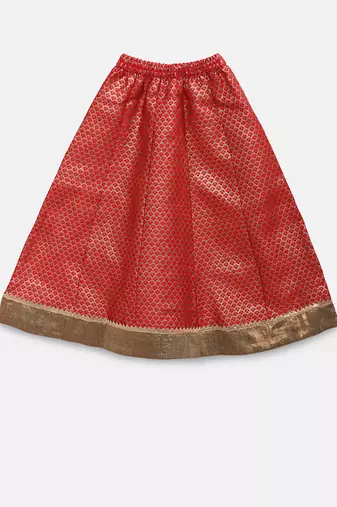 Twisha girls printed top embellished with lace paired with brocade ghagra -off white & red