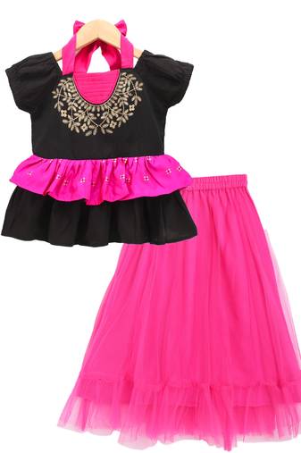 Twisha girls printed top & net ghagra -black & pink
