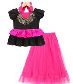 Twisha girls printed top & net ghagra -black & pink