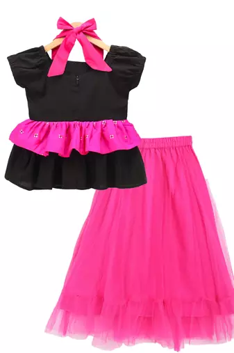 Twisha girls printed top & net ghagra -black & pink