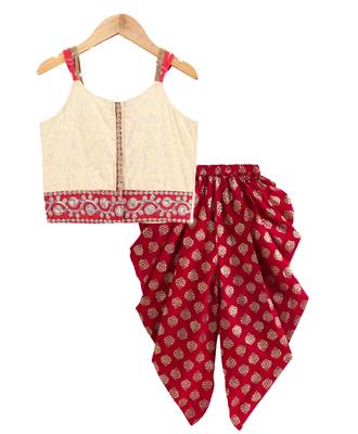 Twisha girls printed top embellished with lace paired with foil printed dhoti pants -off white & red 1