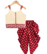 Twisha girls printed top embellished with lace paired with foil printed dhoti pants -off white & red