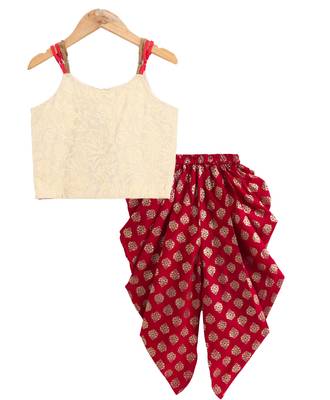 Twisha girls printed top embellished with lace paired with foil printed dhoti pants -off white & red 2