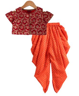 Twisha girls brocade top embellished with potali buttons paired with foil printed dhoti pants - red & orange 1