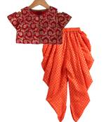 Twisha girls brocade top embellished with potali buttons paired with foil printed dhoti pants - red & orange