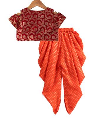 Twisha girls brocade top embellished with potali buttons paired with foil printed dhoti pants - red & orange 2