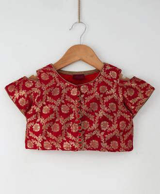 Twisha girls brocade top embellished with potali buttons paired with foil printed dhoti pants - red & orange 3