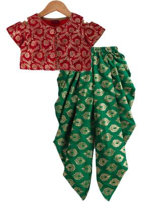 Twisha girls brocade top embellished with potali buttons paired with foil printed dhoti pants - red & green 1