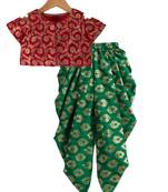 Twisha girls brocade top embellished with potali buttons paired with foil printed dhoti pants - red & green