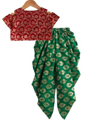 Twisha girls brocade top embellished with potali buttons paired with foil printed dhoti pants - red & green 2