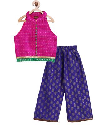 Twisha girls self designed incut style top with potali buttons with foil printed palazzo - pink & blue 1