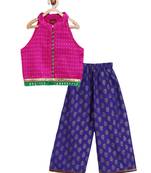 Twisha girls self designed incut style top with potali buttons with foil printed palazzo - pink & blue