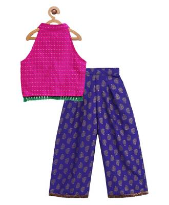 Twisha girls self designed incut style top with potali buttons with foil printed palazzo - pink & blue 2