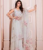 White Digital Print  Glass Organza Handwork Zircon Border Designer Saree Blouse