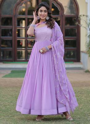 Lavender faux georgette rich floral position print work gown 1