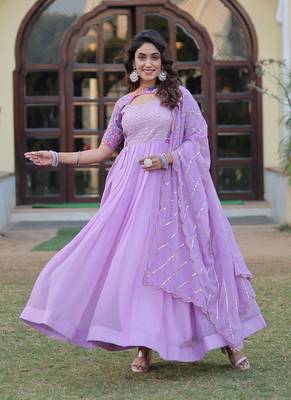 Lavender faux georgette rich floral position print work gown 2