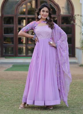 Lavender faux georgette rich floral position print work gown 3